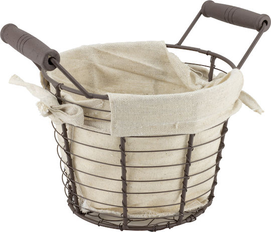 Coș Rotund De Pâine Pentru Servit Raki 15.5x12x14.5cm Din Metal Cu Mânere Din Lemn Și Material
