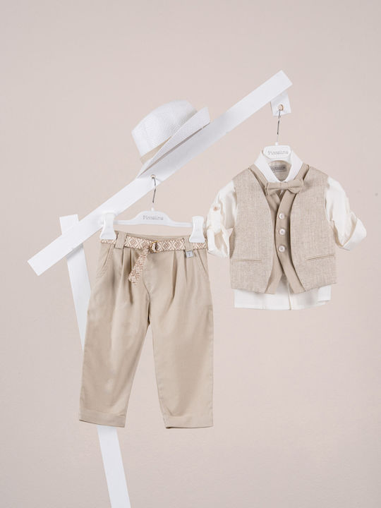 Piccolino Baptism Suit with Vest for Boys Linen Alessio Beige