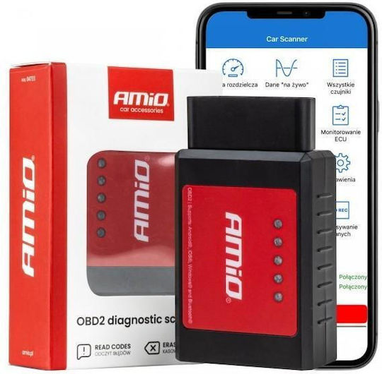 Amio Car Diagnostic Obd 2 Type Elm327 Bluetooth Xl Operating Voltage 12v Wireless Connection Passenger Cars 1 Pc 04733/am Amio 04733/am