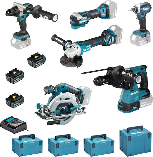 Makita DLX6139JX1 Σετ Γωνιακός Τροχός, Δισκοπρίονο, Κρουστικό Δραπανοκατσάβιδο, Παλμικό Κατσαβίδι, Πιστολέτο & Πολυεργαλείο Brushless 18V με 3 Μπαταρίες 5Ah και Θήκη