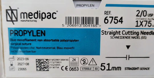 Medipac Propylen 2/0 51mm Κοπτ.ευθύα 75cm 6754
