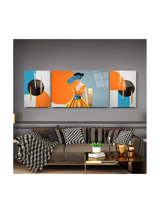 Threefold Glass Set With Colorful Female Figure And Abstract Designs 210x70cm
