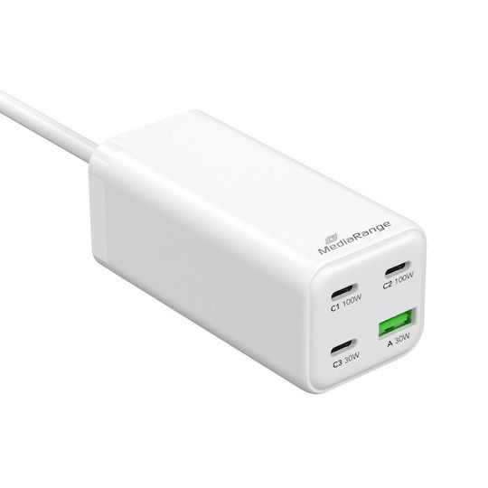 MediaRange GaN Charging Station with USB-A Port and 3 USB-C Ports 100W Power Delivery / Quick Charge 3.0 in White (MRMA124)