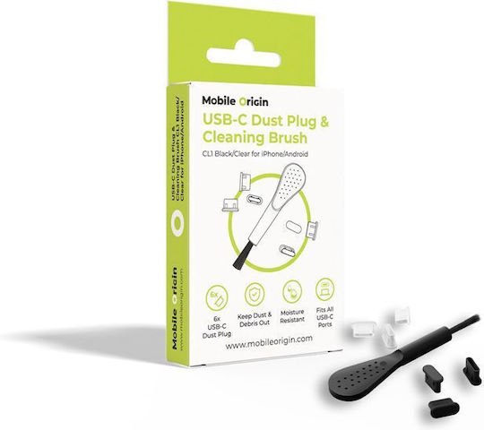 Mobile Origin Usb-c Dust Plug & Cleaning Brush Cl1 Black Clear Iphone Android Mo-cl1-blk-clr