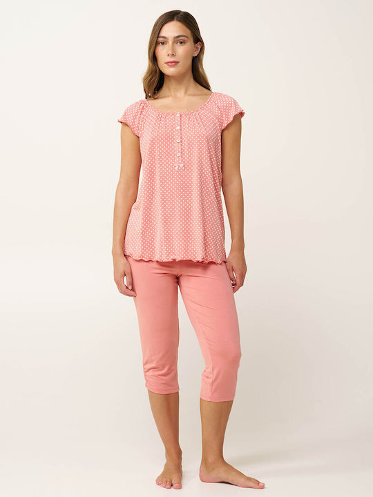 Vamp Vamp Damen Schlafanzug Set Sommer Rosa Tan