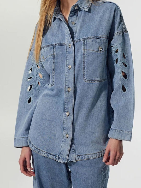 Long Sleeve Women's Denim Shirt Light Blue Denim