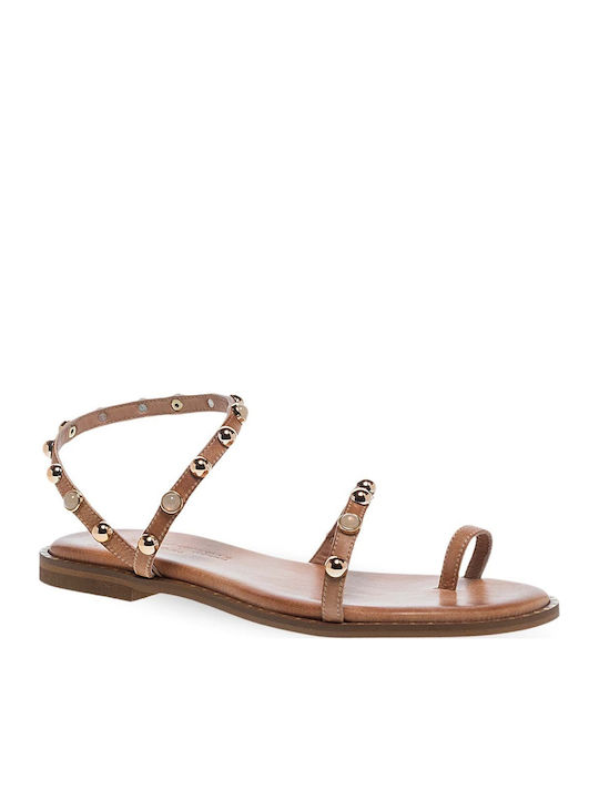 Maison Minrelle Leather Women's Flat Sandals Tabac Brown
