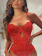 Εντυπωσιακό Κόκκινο Lace Bodysuit Chain Detail Κοκκινο