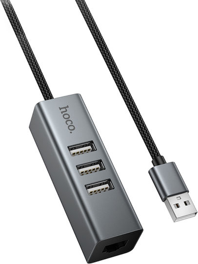 Hoco HB1D Hub USB 3 Porturi USB 2.0 cu Conectare USB-A Ethernet Gri