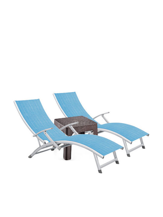 Șezlong din Aluminiu Albastru Set cu Masă 2 Bucăți 170x52 cm