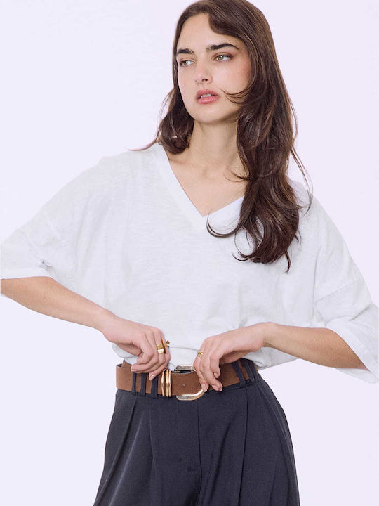 Celestino Women's Blouse Turned Sleeve Loose Fit White