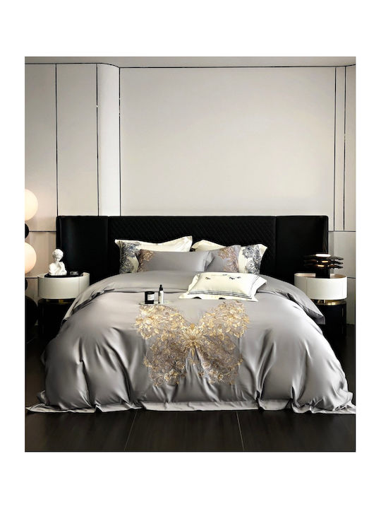 4 Seasons Collection Duvet Cover Set Super King 220x240cm 3D Embroidery 2 Pillowcases & 1 Bed Sheet Gray