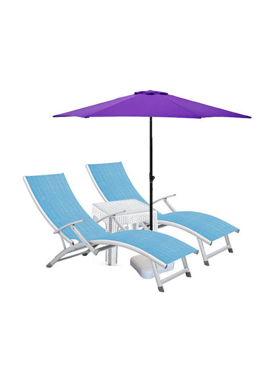 Șezlong Aluminiu Albastru Set cu Masă 2 Bucăți 170x52cm