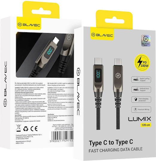 Blavec LED / Geflochtenes USB 2.0 Kabel USB-C männlich - USB-C 100W Grau 1,2m