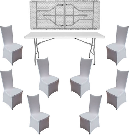 Set de Mobilier Raki Event Catering Masă Pliabilă Dreptunghiulară 180x76xh74cm Blat Complet 8 Scaune 44x42xh92cm Huse Textile Plastic Metal Alb