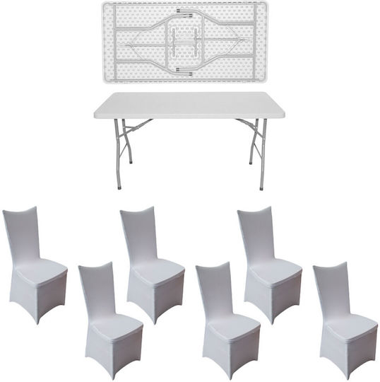 Set Mobilier Catering Evenimente Raki Masă Pliabilă Dreptunghiulară 152x76xh73.5cm Blat Complet 6 Scaune 44x42xh92cm Huse Textile Plastic Metal Alb