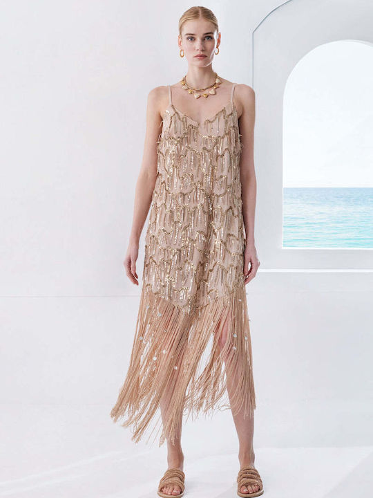Summer Midi Evening Dress with Tulle Beige