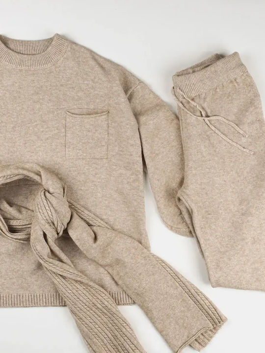 Knitted Set Trousers Blouse Scarf Coffee Size O...