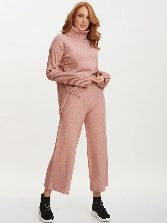 Knitted Set Trousers Blouse Turtleneck Pink Siz...