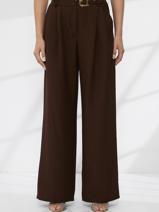 Women's High Rise Fabric Trousers Brown