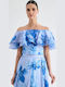 Women's Blouse Off-Shoulder with Neckline with Zipper Floral Sky Blue