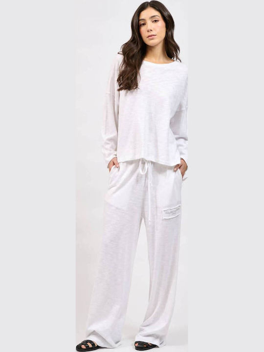 Collectiva Noir Women's High Waist Fabric Trousers Straight White