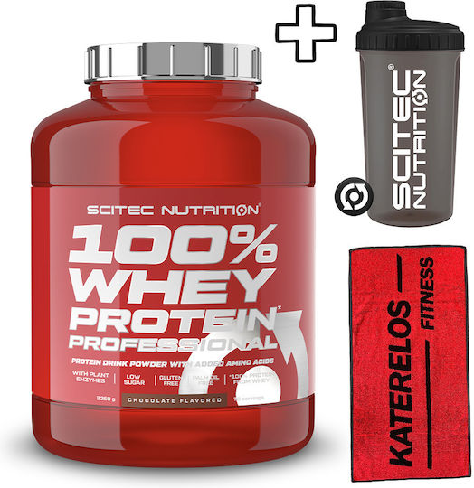 Scitec Nutrition 100% Whey Protein Professional 2350g Peanut Butter & Katerelos Fitness Sports Towel 100x50cm Red Black & Scitec Nutrition Shaker 700ml Red Custom Bundle