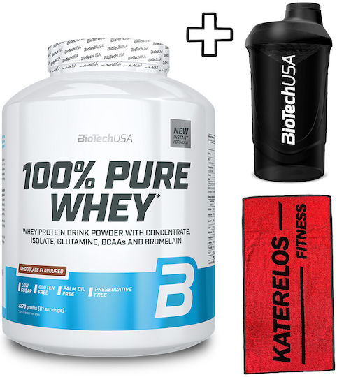 Biotech Usa 100% Pure Whey 2270g Chocolate Coconut & Katerelos Fitness Sports Towel 100x50cm Red Black & Biotech Usa Wave Shaker 600ml Black-smoked Custom Bundle