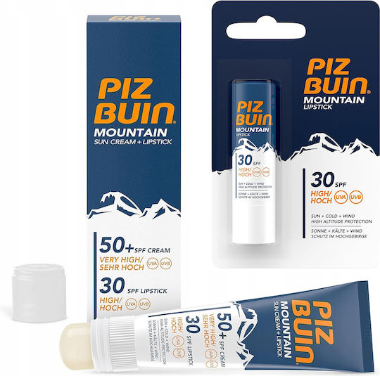 Piz Buin Mountain Sun Балсам за Устни Spf 30 49g + Слънцезащитен Крем Spf 50 + Червило