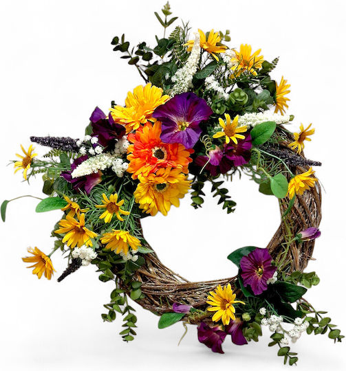 Decorative Artificial Flower Crown Decorated With Petunias Daisies Gerberas Purple Yellow Shades 35cm