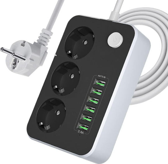 Bandă de Alimentare cu 3 Prize cu USB-A Comutator și Cablu de 2m