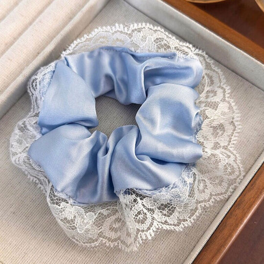 Avizar Scrunchie Clasic Satinat Dantelă Coquette Albastru Deschis
