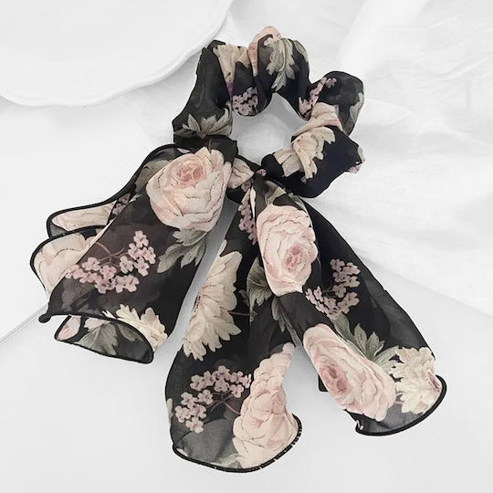 Avizar Scrunchie Scarf Hair In Thick Veil Maxi Floral Bohème Chic Noir Black