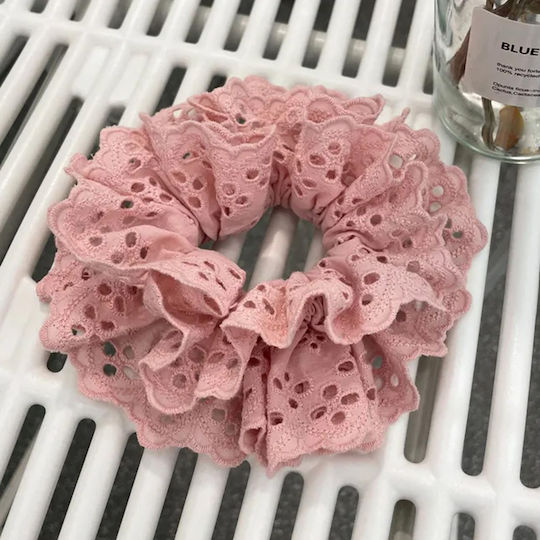 Avizar Scrunchie Clasic Pentru Păr Din Material Brodat Vintage Roz