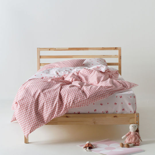 Kentia Σετ Σεντόνια Μονά Βαμβακερά Sassy White-pink 160x270cm 3τμχ