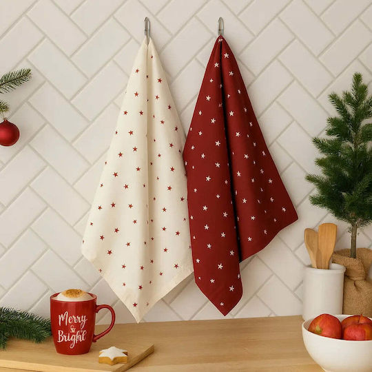 Set Of Christmas Cotton Kitchen Towels Stars 2 Pieces Pgst0066