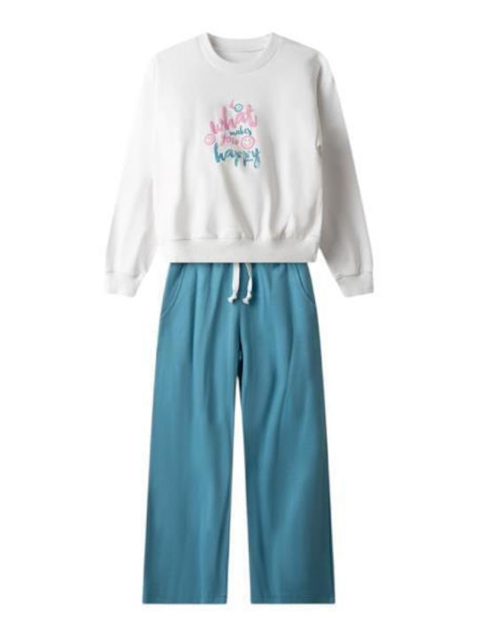 Kids Sweatpants Set White Petrol Blue