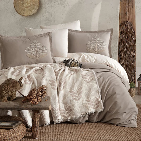 Cottonbox Σετ Παπλωματοθήκη Βαμβακερή 200x220cm Διπλή με 4 Μαξιλαροθήκες & 1 Σεντόνι Καφέ