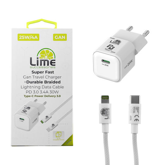 Lime GaN Charger with USB-C Port and USB-C - Lightning Cable 25W Power Delivery White (LGC25W)