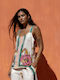 Women's Summer Linen Top with Spaghetti Straps Floral Ecru
