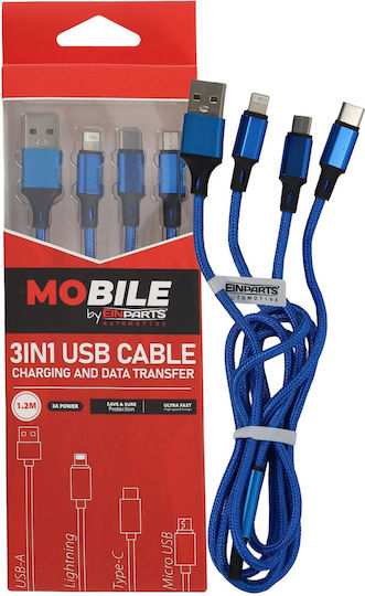 Einparts Кабел 3in1 12м 3А To Usb-C Micro USB Lightning Sleeve