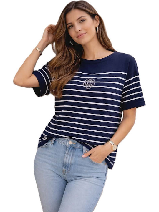 Damen Crop Baumwolliger Gestreifter Bluse Blau