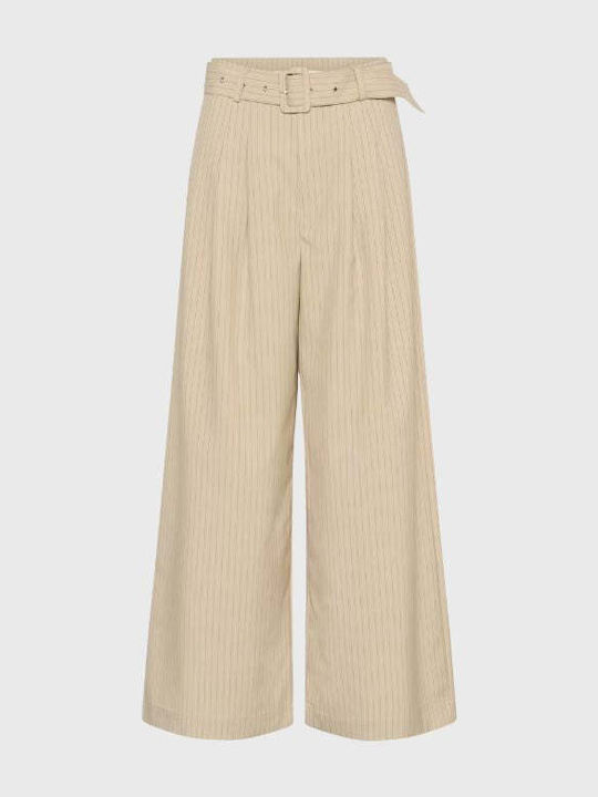 Women's Fabric Trousers in Wide Leg Style Striped Brown