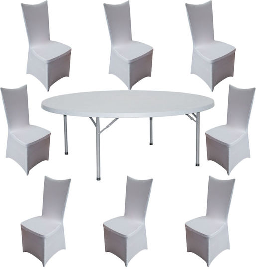 Set De Mobilier Raki Event Catering Masă Rotundă Pliabilă D180xh74cm 8 Scaune 44x42xh92cm Huse Textile Plastic Metal Alb