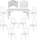 Set De Mobilier Pentru Catering Eveniment Raki Masă Valiză Pliabilă Dreptunghiulară 180x76xh73.5cm 8 Scaune 44x42xh92cm Plastic Metal Alb
