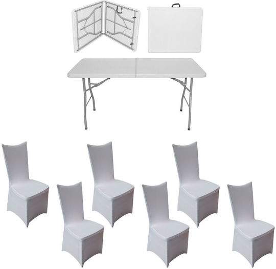 Set Mobilier Catering Evenimente Raki Masă Valiză Pliabilă Dreptunghiulară 152x76xh73.5cm 6 Scaune 44x42xh92cm Huse Textile Plastic Metal Alb