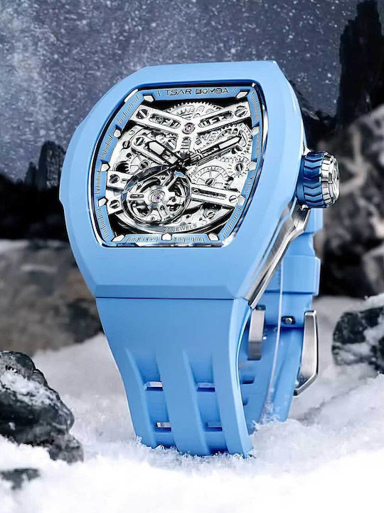 Tsar Bomba Herrenuhr 45mm Automatisch mit Blauem Gummiarmband