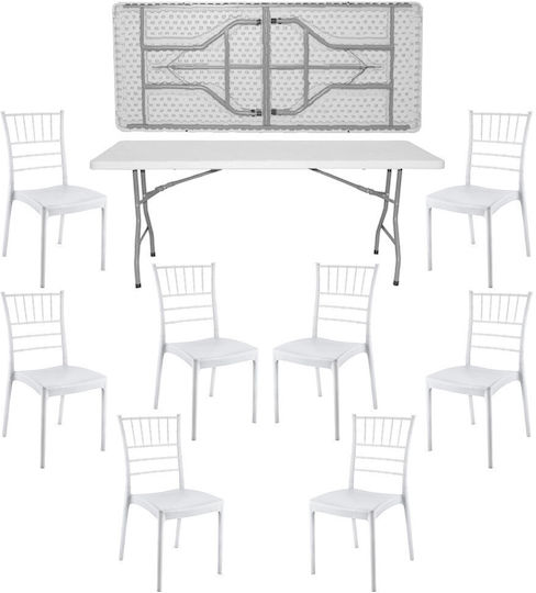 Set Mobilier Catering Eveniment Raki Masă Pliabilă Dreptunghiulară 180x76xh74cm Blat Complet 8 Scaune 44x42xh92cm Plastic Metal Alb