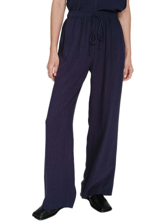 Grace & Mila Women's Fabric Trousers with Rubber Band Blue