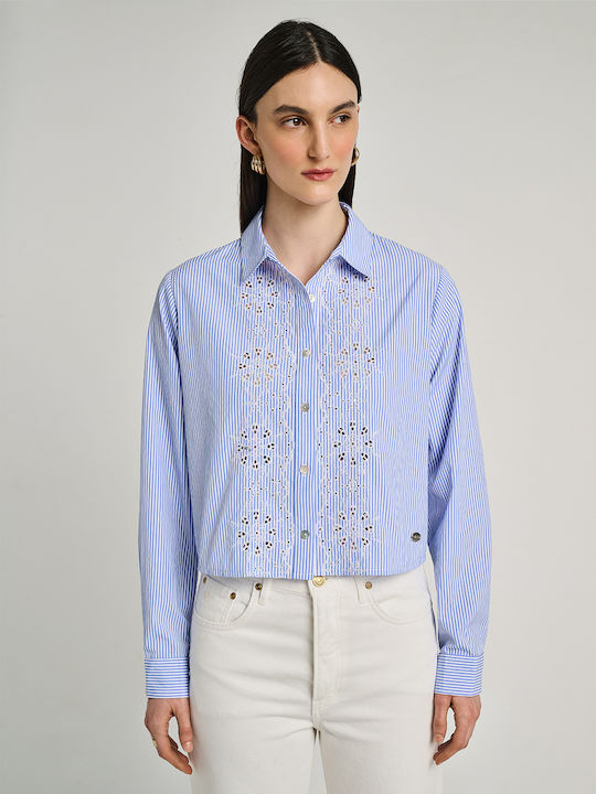 Long Sleeve Women's Cotton Shirt Blue Striped 62-010.055.N0000